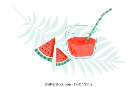 Refreshing pink drink in glass with the pieces of watermelon on white background. summer drink