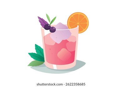 Refreshing pink drink served over ice, decorated with a bright orange slice, blueberries, and assorted leaves, resting on a gray surface, against a clean white backdrop.
