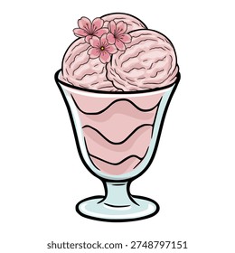 Refreshing pink ice cream dessert in a glass goblet, adorned with delicate cherry blossoms, vector illustration