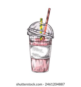 Refrescante batido rosa en una taza transparente con tapa de cúpula y pajitas a rayas. Ilustración vectorial de una deliciosa bebida para menús y anuncios.