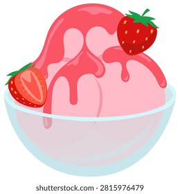 Refreshing pink strawberry ice cream scoops topped with luscious syrup and ripe berries