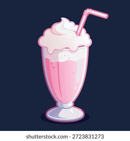 Um milkshake de morango rosa refrescante coberto com chantilly e um palha, apresentado em um clássico vidro de milkshake.