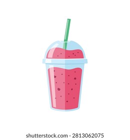 Refreshing Pink Strawberry Smoothie or Fruit Slushie in a Plastic Cup with Dome Lid and Green Straw