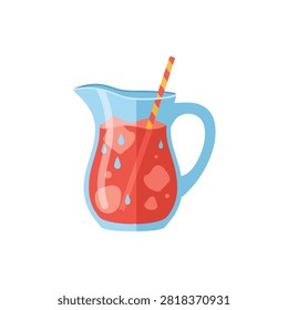 Refreshing Red Fruit Juice in a Blue Glass Pitcher with Ice Cubes and Striped Straw Illustration