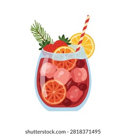 Refreshing Red Fruit Sangria Cocktail with Orange Slices and Strawberries Vector Illustration