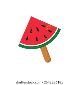 Refreshing red triangular watermelon slice on a watermelon-shaped stick. Minimalist vector illustration isolated on white background symbolizing summer vibes and healthy eating