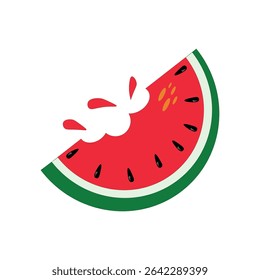 Refreshing red watermelon slice with black seeds and juicy splashes of juice. Minimalist vector illustration on white background symbolizing summer atmosphere and healthy eating