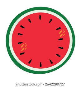 Refreshing red watermelon slice with black seeds and juicy splashes of juice. Minimalist vector illustration on white background symbolizing summer atmosphere and healthy eating