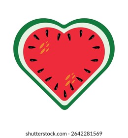 Refreshing red watermelon slice in heart shape with black seeds, minimalist vector illustration isolated on white background symbolizing summer vibe, love and healthy eating