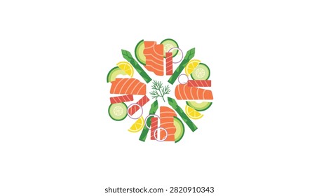 Refreshing salmon salad served on a white plate with asparagus spears avocado wedges cucumber slices red onion rings and lemon wedges.