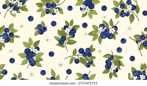 Erfrischende nahtlose Muster mit Haufen von Blaubeeren, grünen Blättern und winzigen weißen Blumen auf cremigem Hintergrund.
