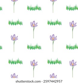 Refreshing seamless pattern of grass and crocus flowers on a white background, for textile, prints and any surfaces