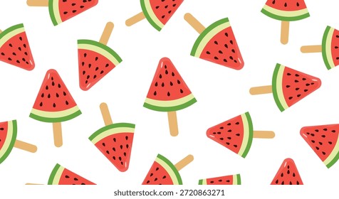 Refrescante patrón sin fisuras de helado de sandía paletas en palos esparcidos sobre un fondo blanco limpio para el verano.