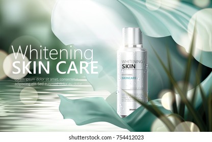 Refreshing skin care ads, silver container with fluttering green chiffon on bokeh nature background in 3d illustration, lake or pond scene