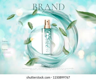 Refreshing skincare spray with flying green leaves and swirling satin in 3d illustration on light blue glitter background