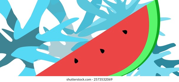 A refreshing slice of watermelon pops against a vibrant blue and white background. This digital illustration captures the essence of summer and tropical vibes, perfect for a refreshing drink or summer