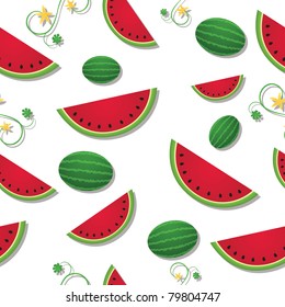 Refreshing slices of watermelon among swirling vines and whole fruit; vector file contains clipping masks and unexpanded blends.