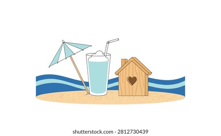 Refreshing smoothie in a glass with a straw stands on a sandy beach next to a striped umbrella and a cute wooden house with a heart.