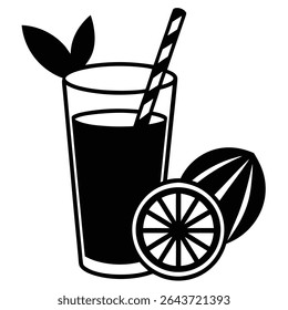 Refreshing smoothie shown in a glass alongside fruit like lemon slice and a whole mango, featuring a striped straw, all presented as a transparent background image.