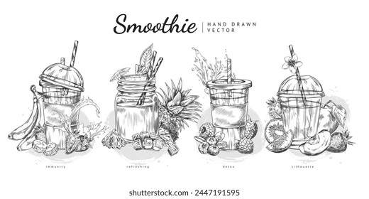 Refreshing smoothie sketches. A set of monochrome drawings depicting summer cocktails, fruits and berries. Perfect banner with soft drink design and space for text.