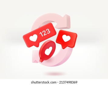 Refreshing social media concept with chat balloons with hearts. 3d vector illustration
