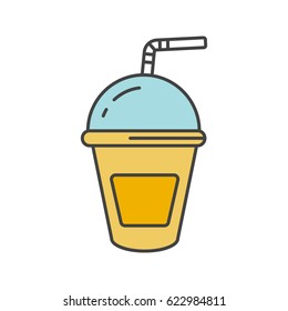 Refreshing soda drink color icon. Lemonade paper cup with straw. Isolated vector illustration