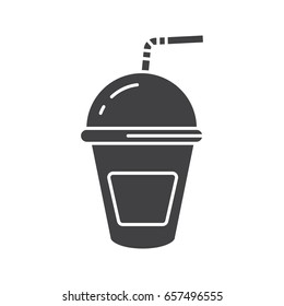 Refreshing soda drink glyph icon. Silhouette symbol. Lemonade paper cup with straw. Negative space. Vector isolated illustration