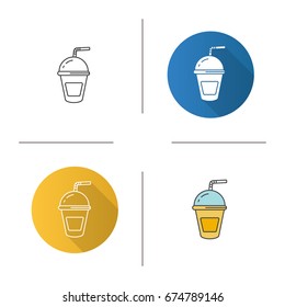 Refreshing soda drink icon. Flat design, linear and color styles. Lemonade paper cup with straw. Isolated vector illustrations