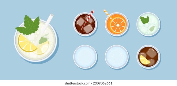Refreshing soda menu in glasses. View from above. A set of different types of carbonated drinks: lemonade, orange, dark brown, cold tea, water and still water. Summer cool juice. Vector illustration.
