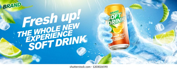 Refreshing soft drink banner ads with frozen hand holding beverage in 3d illustration