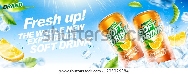Refreshing soft drink banner ads with ice
cubes and flying green leaves in 3d
illustration