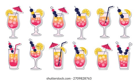 Erfrischende Aufkleber-Kollektion von tropischen Sommer-Cocktails in verschiedenen Gläsern, garniert mit Obst, Strohhalmen und kleinen Regenschirmen.