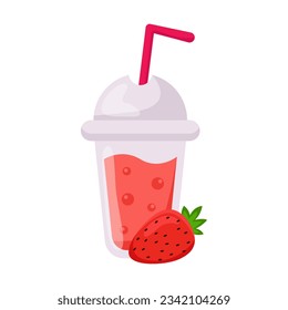 Refreshing strawberry drink vector illustration. Cartoon drawing of plastic cup with juice or lemonade and fruit. Fruit, refreshment, summer concept