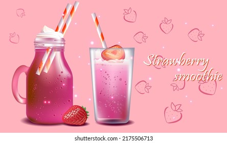 Bebidas de fresa refrescantes en un fondo rosa con un patrón de berry .