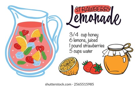 Refreshing strawberry lemonade illustration, perfect for recipe cards, menus, blogs, and summer beverage promotions. Bright, inviting, and colorful design.