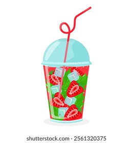 Refreshing strawberry mint drink in a plastic cup with ice cubes and straw. Vector for summer and beverage themes.