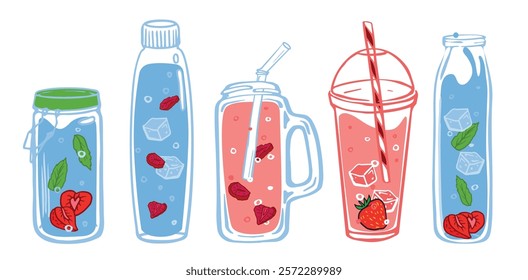 Refreshing strawberry water illustration, perfect for summer drinks, hydration, party ideas, and healthy lifestyle promotions.