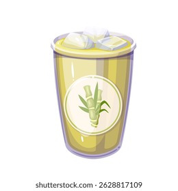 Refreshing sugar cane juice served cold in a clear plastic cup with ice cubes. Popular street drink from Hong Kong. Cartoon vector illustration for beverage menu or summer food design.