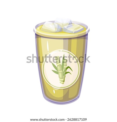 Refreshing sugar cane juice served cold in a clear plastic cup with ice cubes. Popular street drink from Hong Kong. Cartoon vector illustration for beverage menu or summer food design.