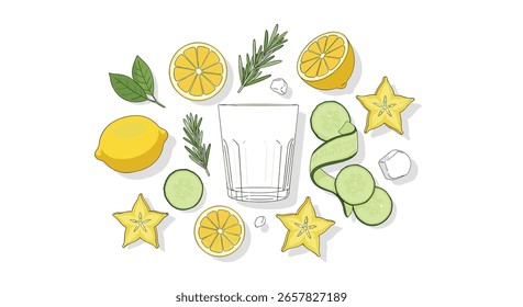 Refreshing summer beverage with fresh fruit and herb ingredients