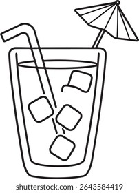 Refreshing summer beverage illustration with a straw, ice cubes, and a festive cocktail umbrella. A delightful and eye catching image perfect for illustrating relaxation