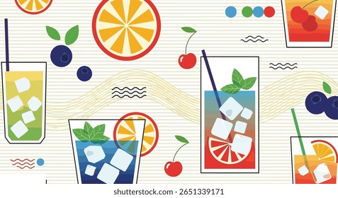 Bebidas de verão refrescantes com fruta fresca e cubos de gelo sobre um fundo estampado