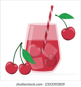 Refrescante cóctel de cerezo de verano con hielo y hoja de menta sobre mesa negra. Cóctel de verano en un vaso claro con cerezas, menta y hielo sobre fondo blanco. Mojito con cerezas. 2044