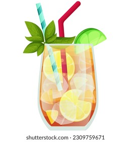 Ein erfrischender Sommercocktail mit Früchten und Minzlaub, Strohhalmen und Cocktail-Regenschirmen, Getränke, die an sorgenfreie Sommerferien erinnern