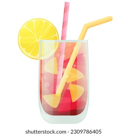 A refreshing summer cocktail decorated with fruit and mint leaves, straws and cocktail umbrellas, drinks reminiscent of of carefree summer vacations