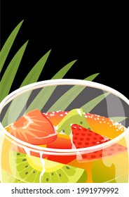 Refreshing summer cocktail with strawberries and kiwi. Glass. glass. Cool fruity drink at the beach and resort. Tropical taste. Vector realistic illustration on black background