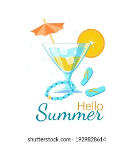 Un refrescante cóctel de verano con un paraguas y un trozo de naranja. ¡Hola, Summer! Plantilla para el diseño de un banner, volante, invitación. Vector