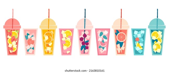 Refreshing summer cocktails set. Vector flat texture illustration. Plastic drinking cup with lid and straw. Cooling cocktails with ice cubes and berries. Citrus refreshing healthy drink for design