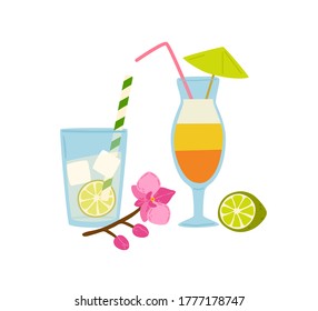 Refreshing summer cocktails with straws vector flat illustration. Cold beverages in glass decorated by umbrella, flowers and lime isolated. Water with lemon, ice and tropical alcohol drink