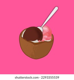 Refreshing summer concept, coconut with a scoop of chocolate and strawberry ice cream on a pink background
